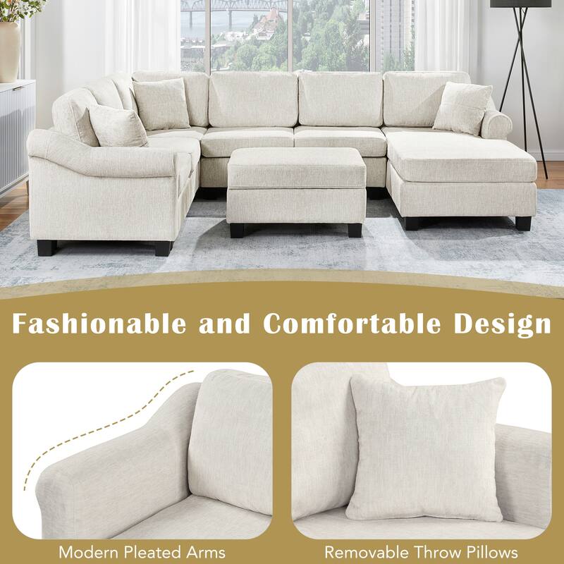 111.8" U-Shaped Chenille Sectional Sofa with Movable Storage Ottoman, Roll Arms and Accent Pillows for Living Room