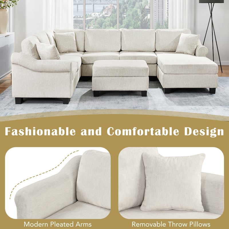 Sectional Sofa 111.8" U-shaped Sofa, Chenille Upholstered Sofa Couch with Movable Storage Ottoman for Living Room