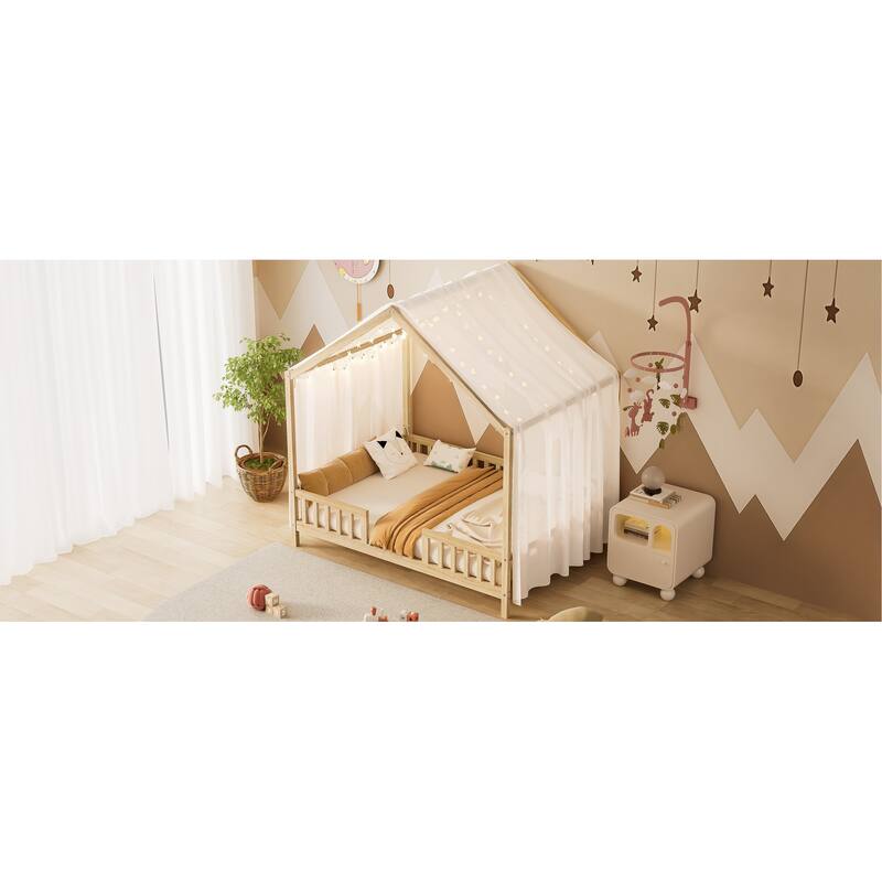House-Shaped Full Size Montessori Bed with Canopy & Safety Railings for Kids & Toddlers