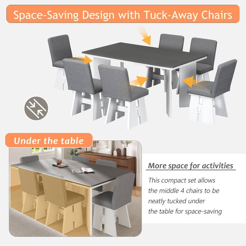 7-Piece Dining Table Set with 6 Upholstered Chairs, Solid Wood Farmhouse Design, Space-Saving, Modern Style for Dining Room