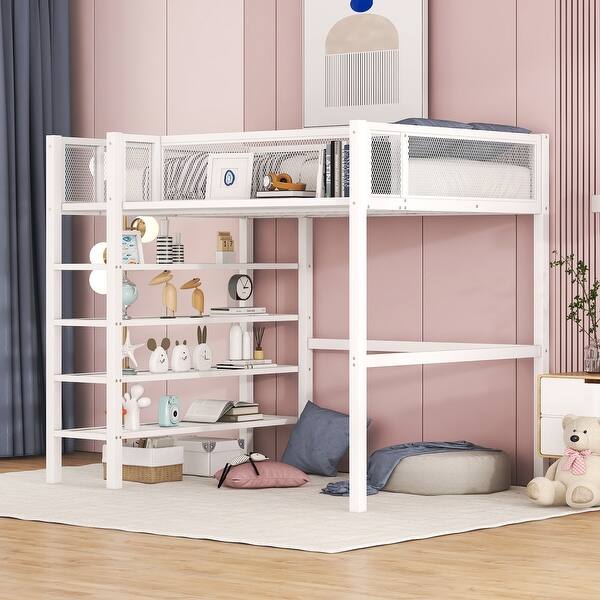 slide 2 of 27, Twin Loft Bed with Four Shelves White