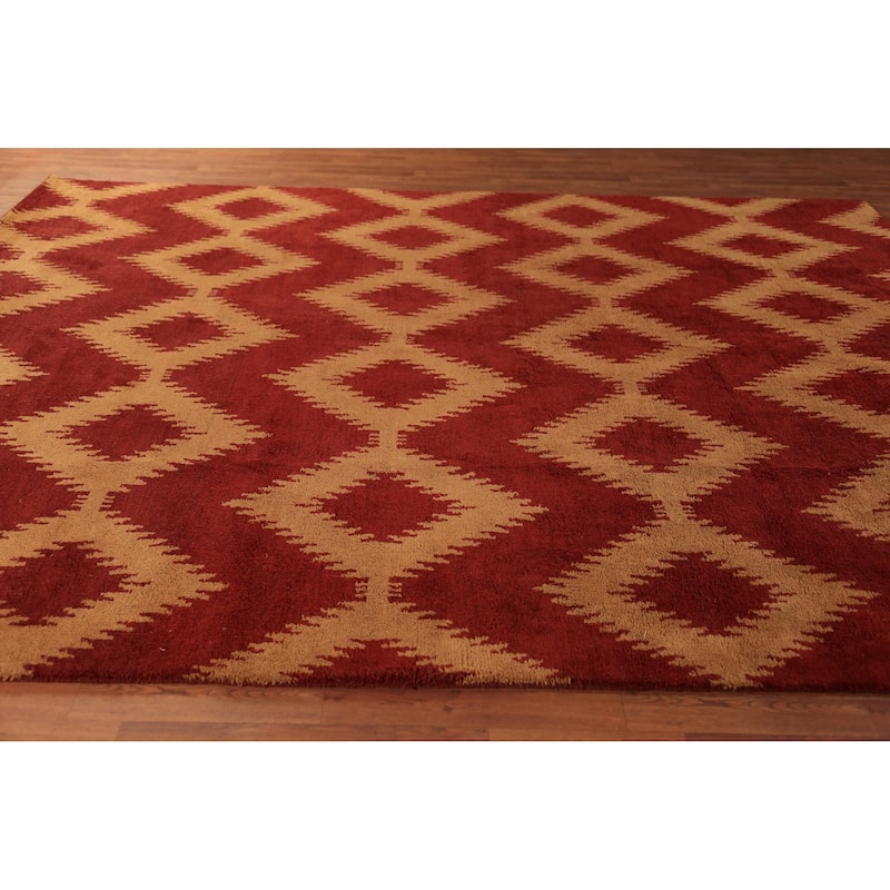 Hand Knotted Oriental 100% Wool Carpet Modern Geometric Red Moroccan Area Rug - 11' 8'' X 8' 11''