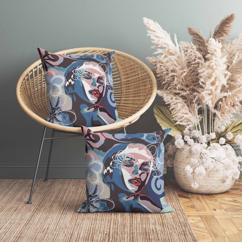 Face Pop Art Indoor/Outdoor Reversible Throw Pillow Blue and Pink