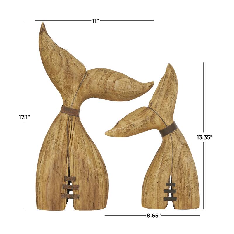 Wood Whale Handmade Tail Decorative Sculpture with Metal Band Accents - Set of 2 Brown - Roche River Decor