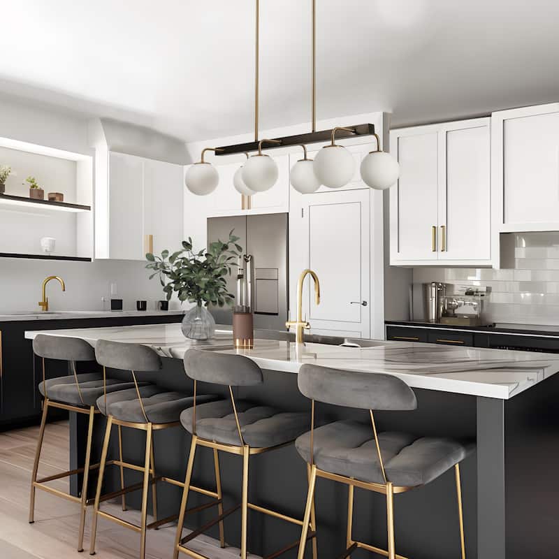 Aladari Modern Gold 6-Light Chandelier Opal Glass Rectangle Island Lights - Brushed Black Nickel - L 33.5"*W15"*H8.7"