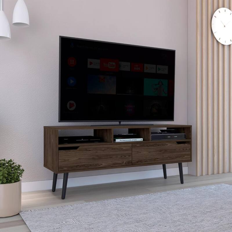Modern Dark Walnut TV Console with Three Shelves & Two Drawers - Fits TVs Up to 52" - Brown