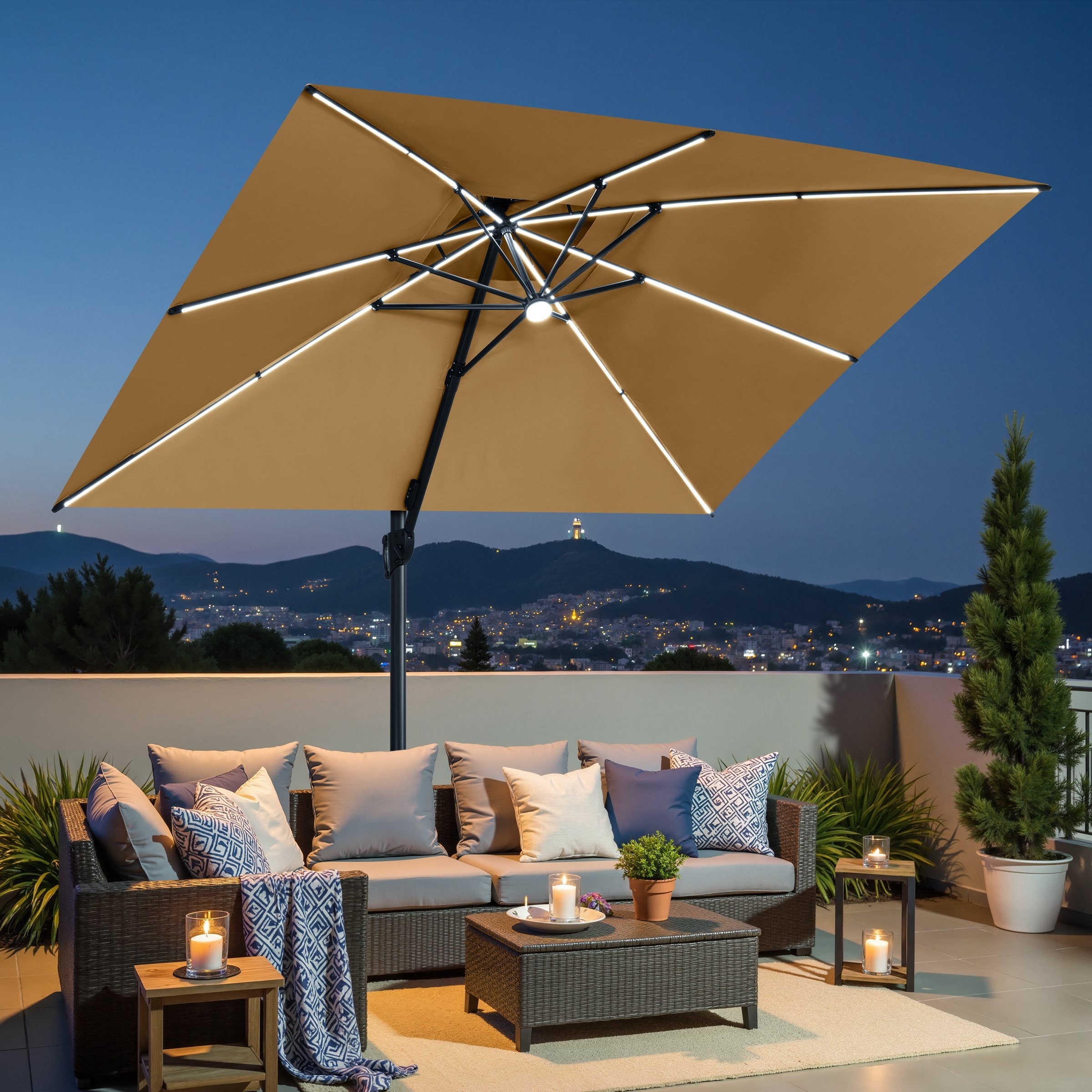10 patio umbrella with led and usb Solar Lighted w/ Tilt Adjustment, UV-Resistant Upgrade your outdoor comfort with effortless Solar Umbrella Lights Remote