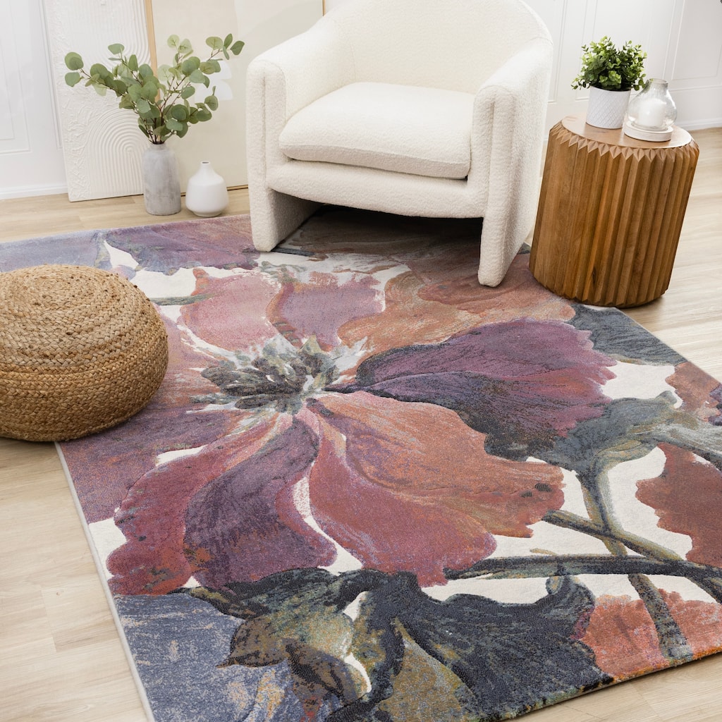 Amelia Collection - Dense Cream Pink Purple Floral Area Rug