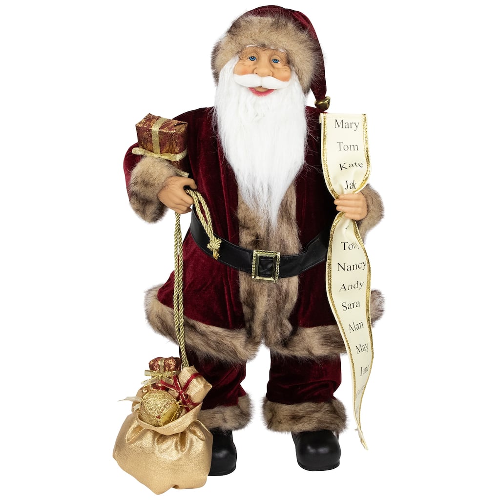 24" Wine Red and Brown Woodland Standing Santa Claus Christmas Figure with Name List