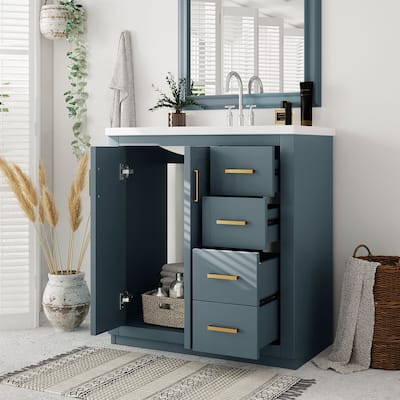 30'' Freestanding Solid Wood Frame Bathroom Vanity with Resin Sink Combo, 3 Drawers & Soft Closing Doors