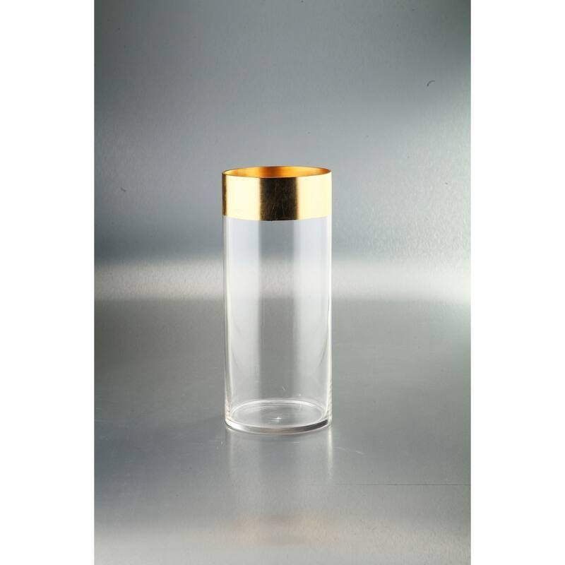 14" Clear and Gold Cylindrical Hand Blown Glass Vase