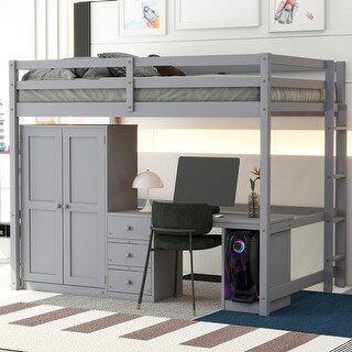 Full Size Loft Kids Bed Frame with Wardrobe, Desk, Drawers & Open Storage - Space-Saving Design for Bedroom, Easy Assembly, Grey