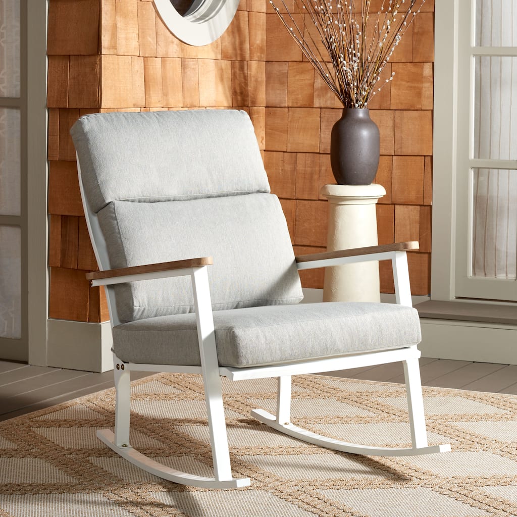 SAFAVIEH Couture Aurilla White/Grey Outdoor Rocking Chair - 32" W x 40" D x 38" H - 32W x 40D x 38H