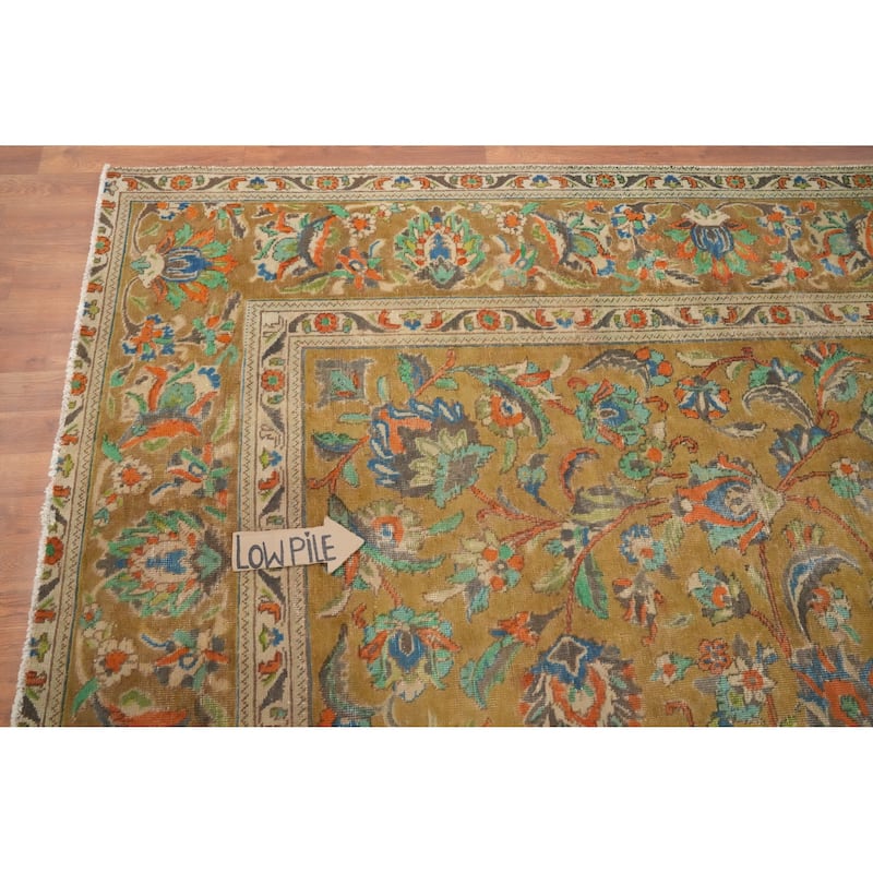 Hand Knotted Oriental 100% Wool Carpet Traditional Floral Yellow & Gold Tabriz Area Rug - 12' 7'' X 9' 7''