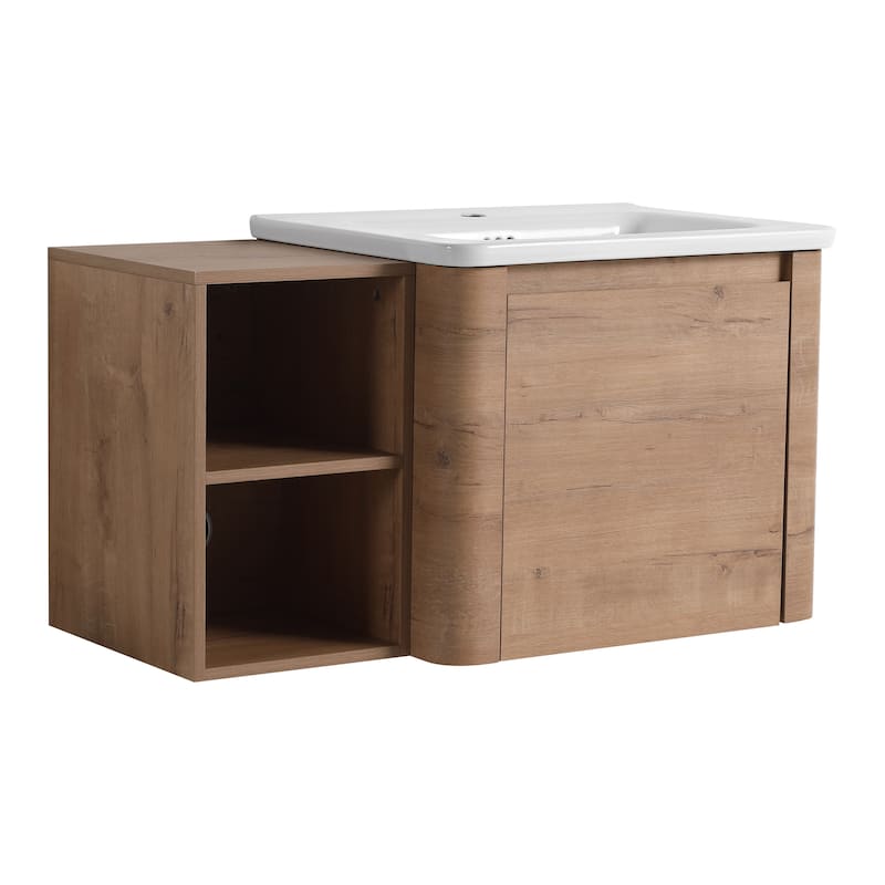 36'' Wall-Mounted Bathroom Vanity with White Ceramic Sink and Storage Shelves & 1-Soft-Close Door, KD-Packing, Plywood