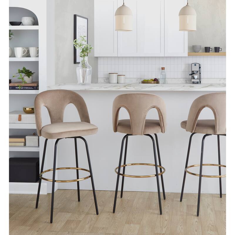 Porch & Den Ashton Upholstered 30" Bar Stool with Metal Legs & Round Gold Footrest (Set of 2)