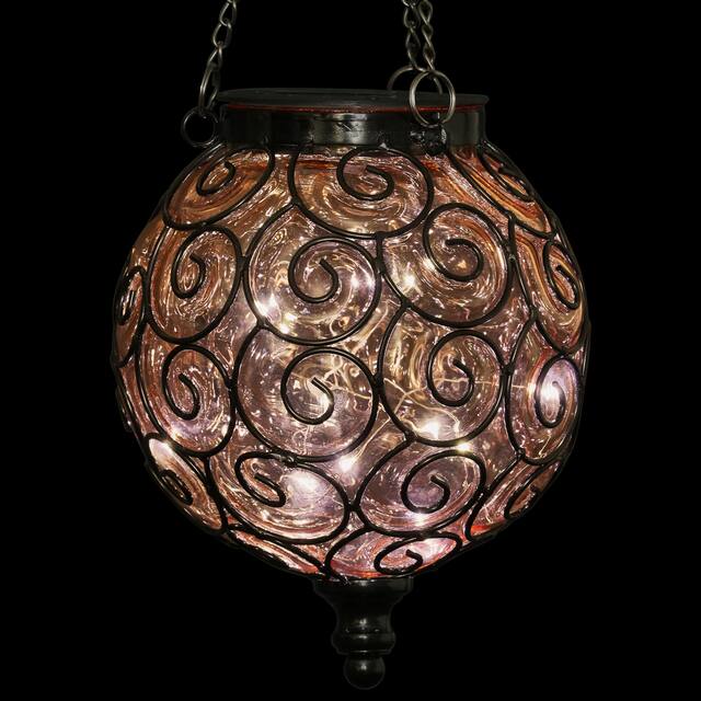 Exhart Solar Round Glass and Metal Hanging Lantern with 15 LED Fairy Firefly String Lights, 7 by 21 Inches