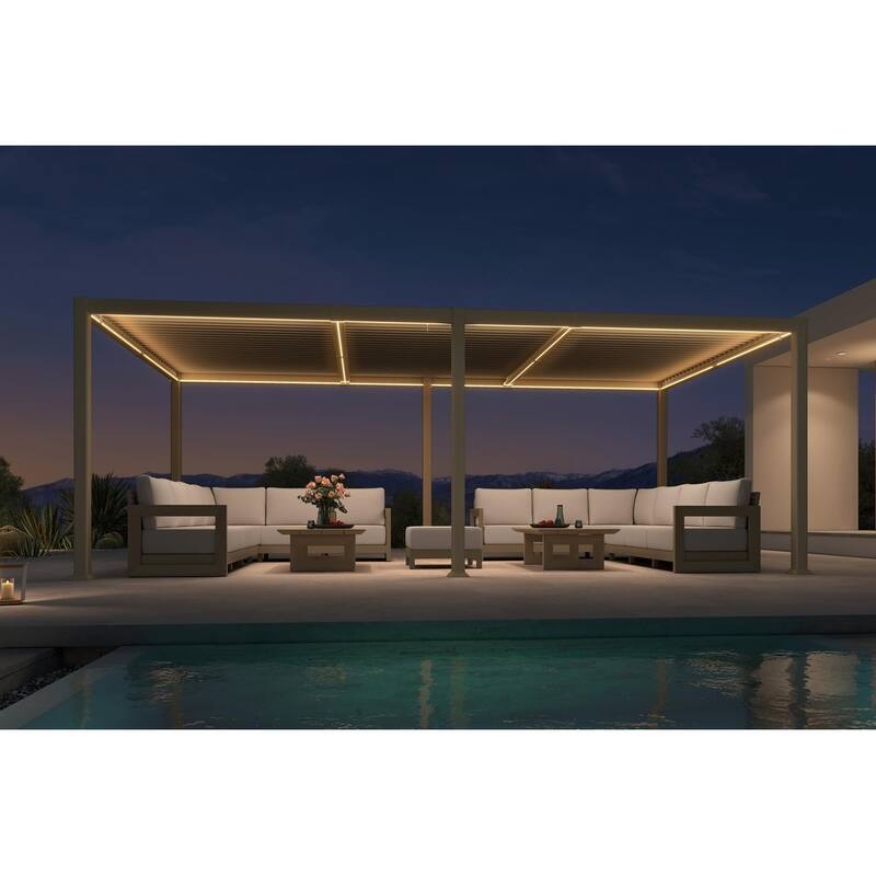 PURPLE LEAF Solar Louvered Pergola with LED String Lights Aluminum Outdoor Pergola with Adjustable Roof for Patio Garden - 11' x 21' - Champagne