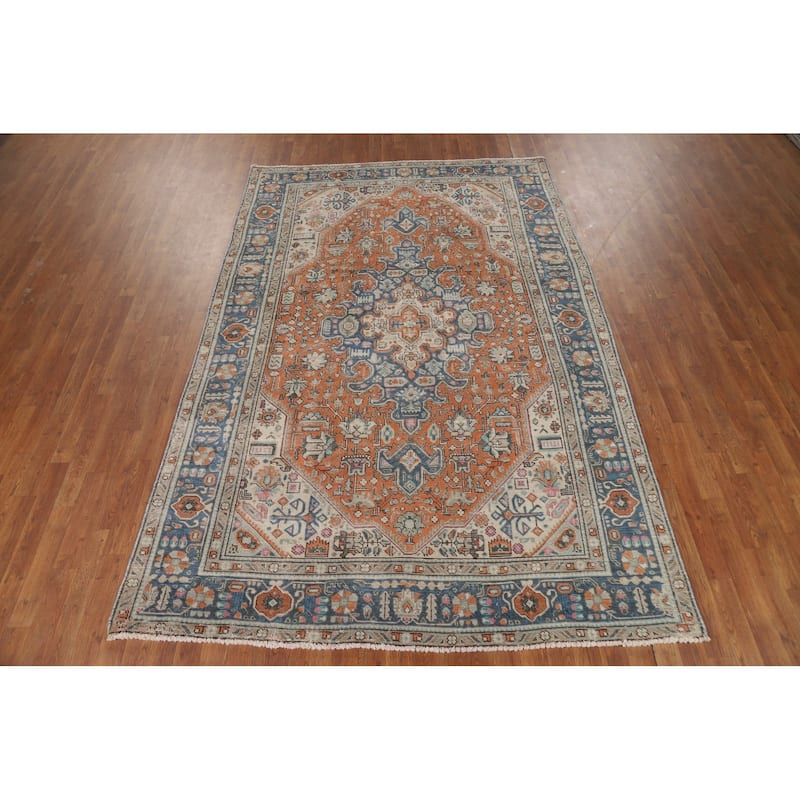 Orange Geometric Tabriz Persian Area Rug Hand-Knotted Wool Carpet - 6'3"x 9'6"
