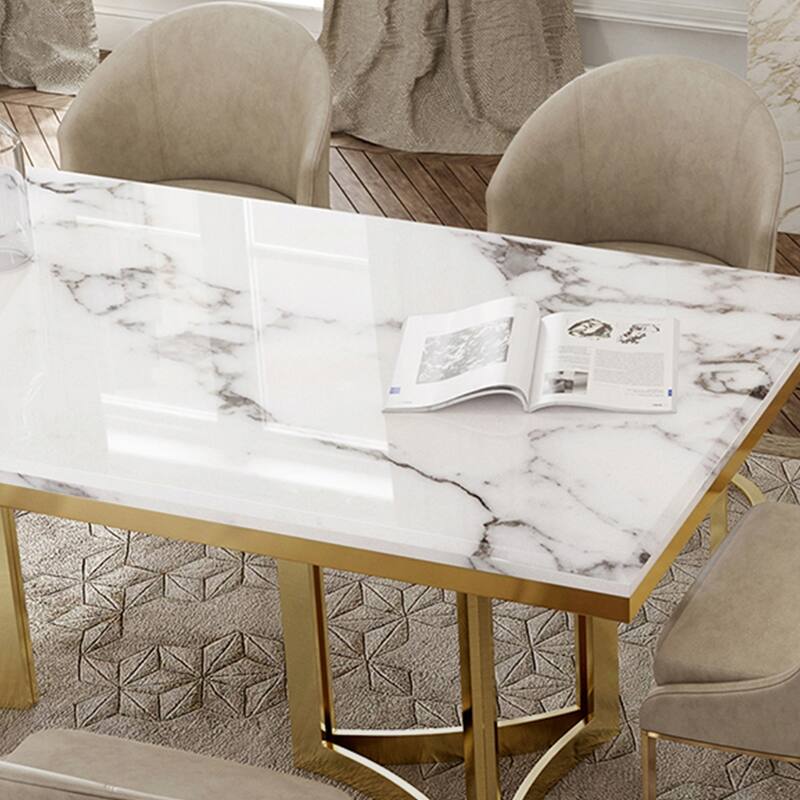 Modern Marble Dining Table with White Rectangular Tabletop Gold Stainless Legs, Dining Room Table for 4-6 - 63"