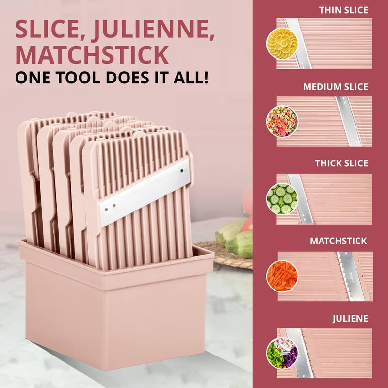 NutriSlicer Upright Mandoline Slicer - 5 Stainless Steel Blades, BPA-Free and Dishwasher Safe