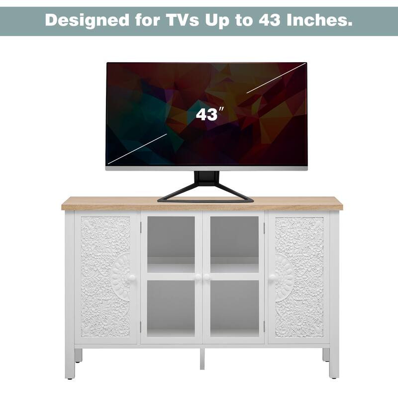 47.2'' Retro TV Stand with Adjustable Shelves, Entertainment Center Media Console with Glass Cabinet Doors & Anti-tip Device
