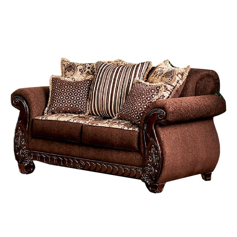 Nadira 2pc Sofa Loveseat Set, Brown Faux Leather, Gold 5 Throw Pillows