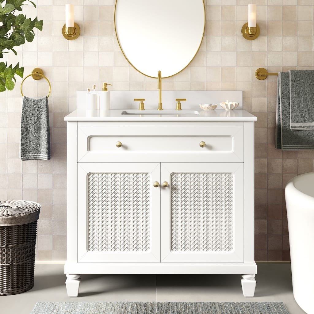 36 Inch Single Sink Bathroom Vanity, Solid Wood Bathroom Cabinet with Marble Countertop & Backsplash