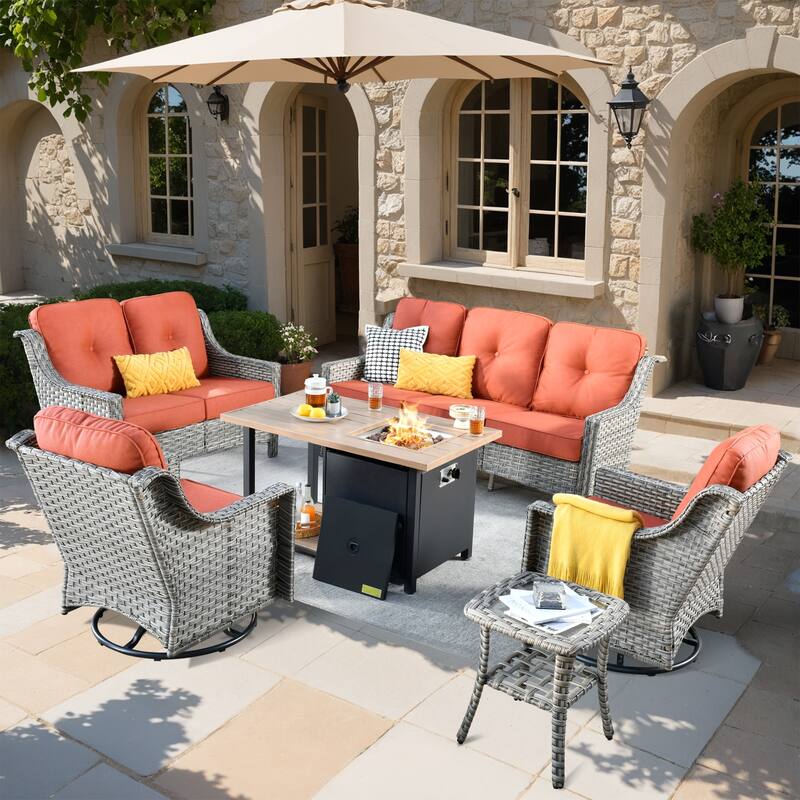 XIZZI 6-piece Outdoor High-back Furniture Swivel Chair Set with Fire Pit - Red