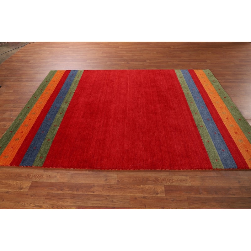 Striped Red Gabbeh Oriental Area Rug Handmade Wool Carpet - 5'8"x 7'11"