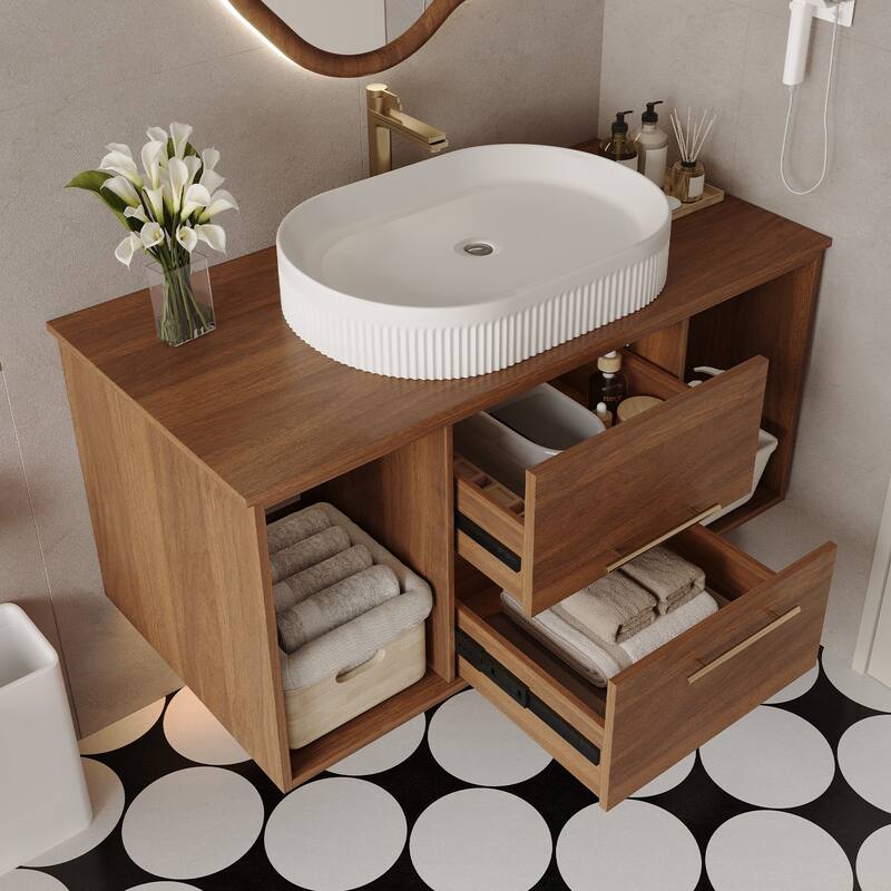 39.4 Floating Bathroom Vanity with Oval Ceramic Sink, Solid Wood Wall-Mounted Bathroom Cabinet, White+Walnut - 39 Inch