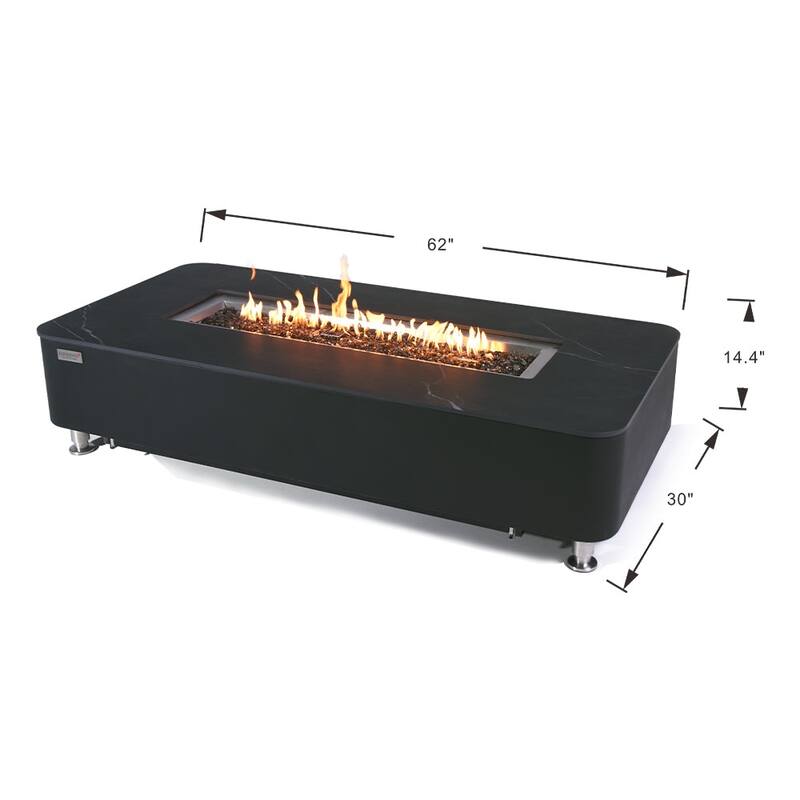 Elementi Plus Valencia Outdoor Fire Pit Table Concrete Rectangular 60000 BTU - 62 x 30 inches with Lid, Fire Glass, and Cover