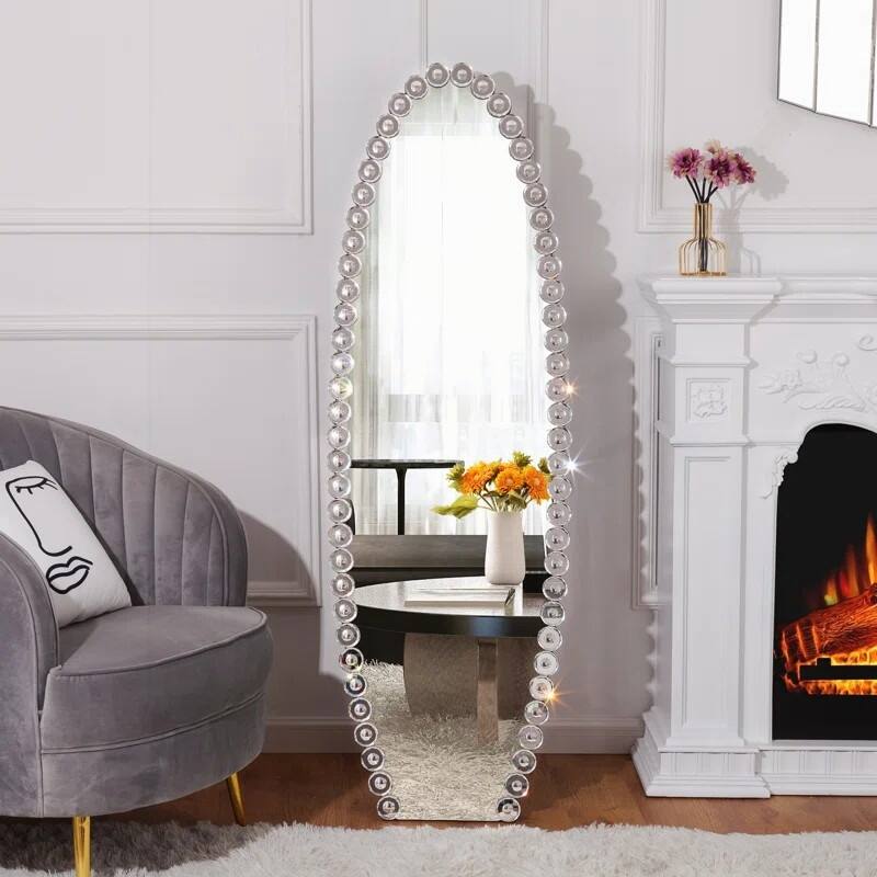 Exquisite Crystal-Studded Full-Length Standing Mirror - Black,Silver - Black,Silver
