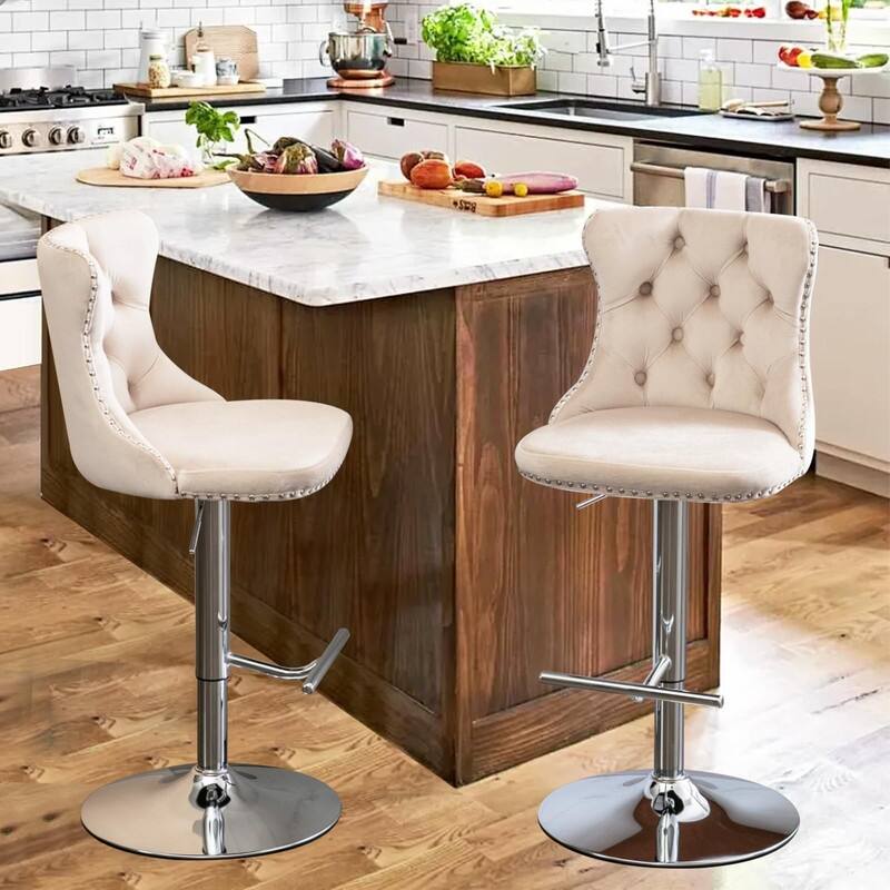 Velvet Upholstered Nailheads Tufted Swivel Bar Stools (Set of 2)
