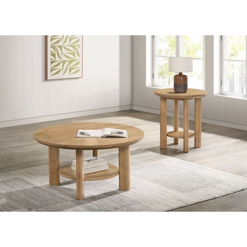 Ottowa Round Wood Coffee Table Set - 2-Piece Set - Washed Oak