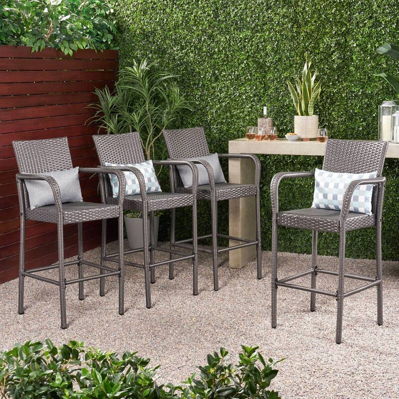 Delfina Outdoor Wicker Barstool (Set of 4) by Christopher Knight Home - 24.80"L x 24.35"W x 46.50"H - Grey