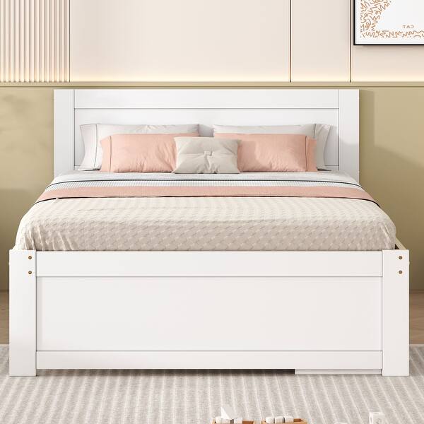 slide 2 of 4, Full Size Platform Bed with Storage Drawer, Wooden Bed with Two Shelves, Space-saving Bed with Headboard, White Grey