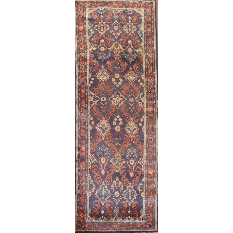 Hand Knotted Oriental 100% Wool Carpet Traditional Geometric Navy Blue & Blues Mahal Runner Rug - 10' 8'' X 3' 5''