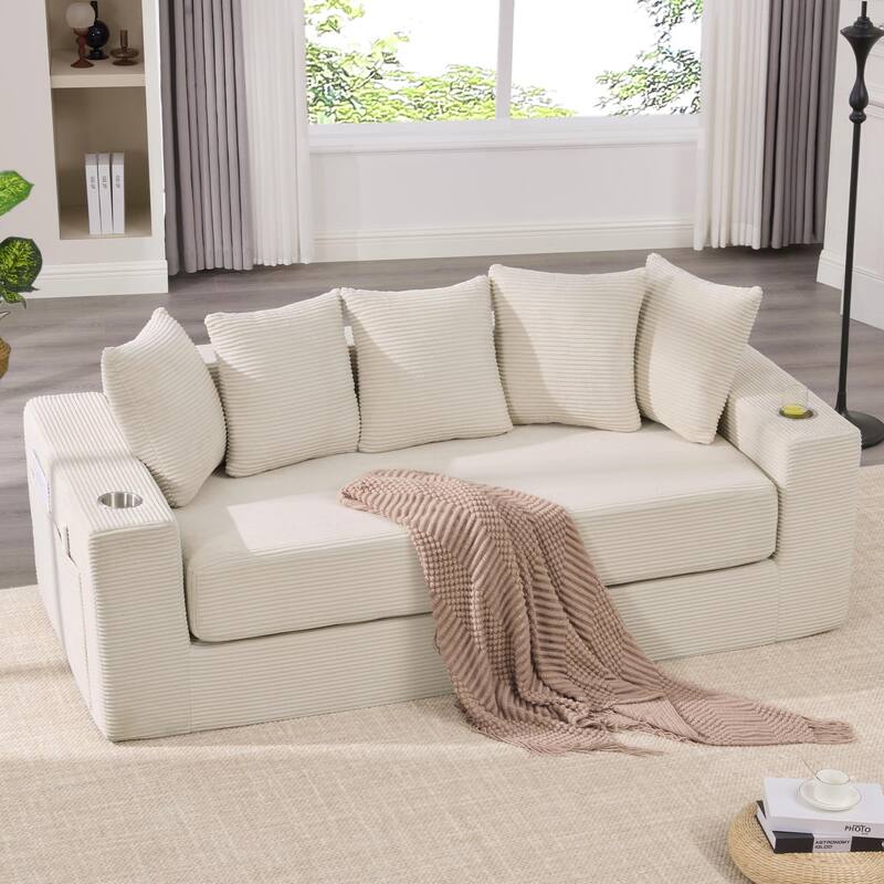 2-in-1 Convertible Sleeper Sofa, Floor Folding Couch, Sofa Bed with Side Pocket, Pull Out Loveseat with Cup Holders