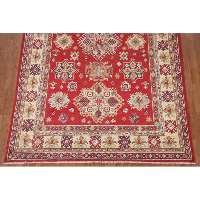 Hand Knotted Oriental 100% Wool Carpet Traditional Geometric Red Kazak Area Rug - 9' 10'' X 6' 6''