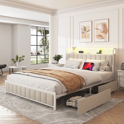 Metal Platform Bed with 4 Drawers