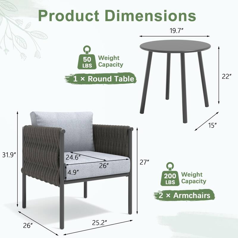 AVAWING 3-Piece Outdoor Patio Furniture Set with Coffee Table, Deep Seating Chairs with Thick Cushions, Steel Frame