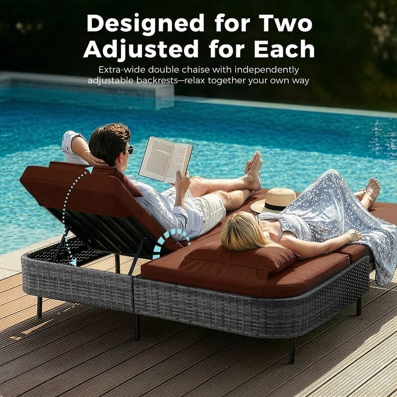 Outdoor Sectional Conversation Set PE Wicker with Double Chaise Lounge, 60,000 BTU Fire Pit Table