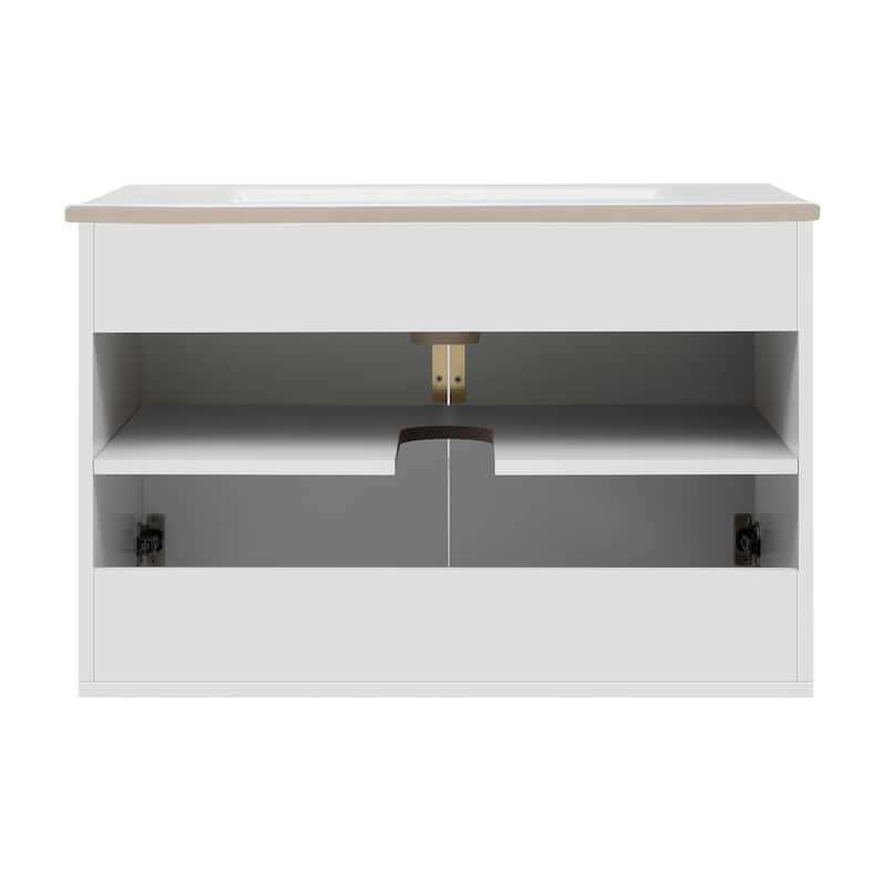 Wall Mounted Bathroom Vanity Floating Storage Cabinet with Ceramic Sink, Geometric Lines Dual Doors and Adjustable Shelf