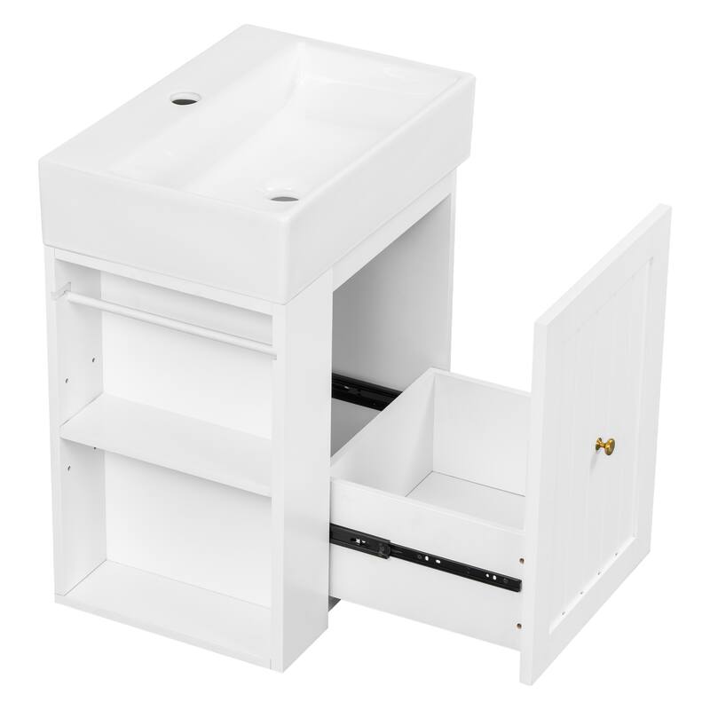 20-Inch Bathroom Vanity with Ceramic Sink, MDF Storage Cabinet with Drawer, Side Shelf & Golden Handle