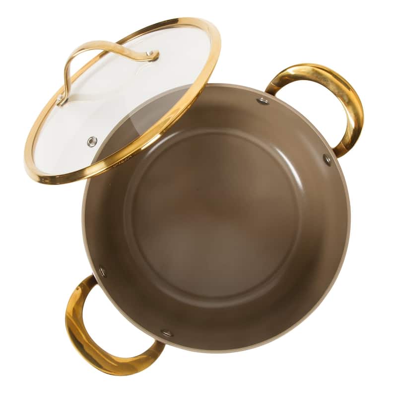 Bloomhouse Pots and Pans Heavy Duty Aluminum Premium PFA Free Ceramic Nonstick - Cappucino Cream with Gold Handle