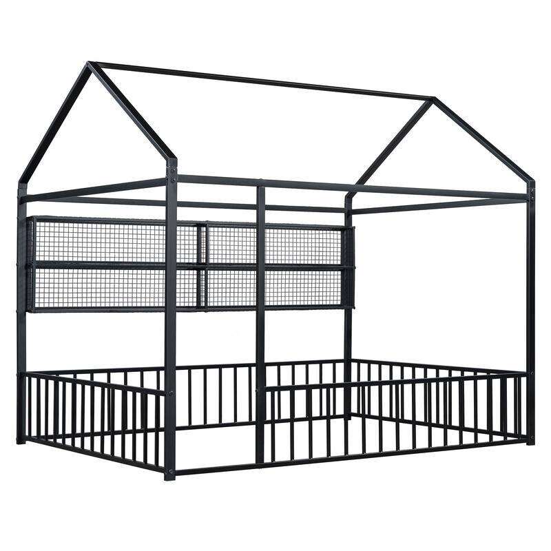 Full Size Metal House Bed Frame with Built-In Grid Shelves, Playful Canopy Design and Space-Saving Storage