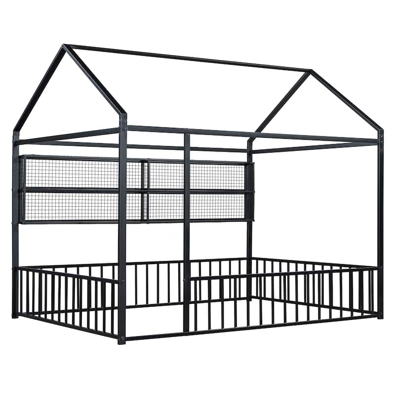 Full Size Metal House Platform Bed Frame with Storage Shelves,Fence and Shelves