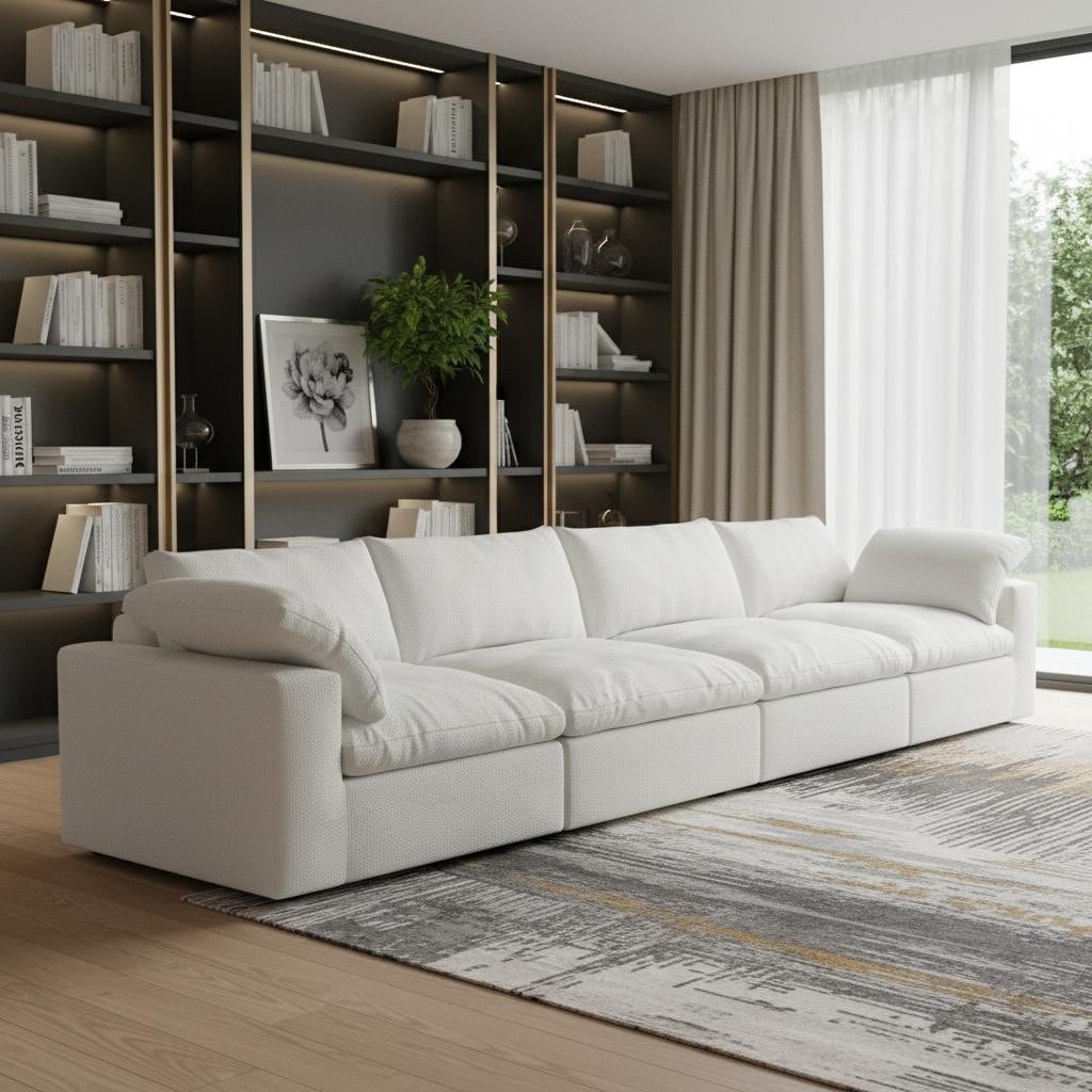 HomeRoots 160" White Linen Blend Modular Sofa With Toss Pillows