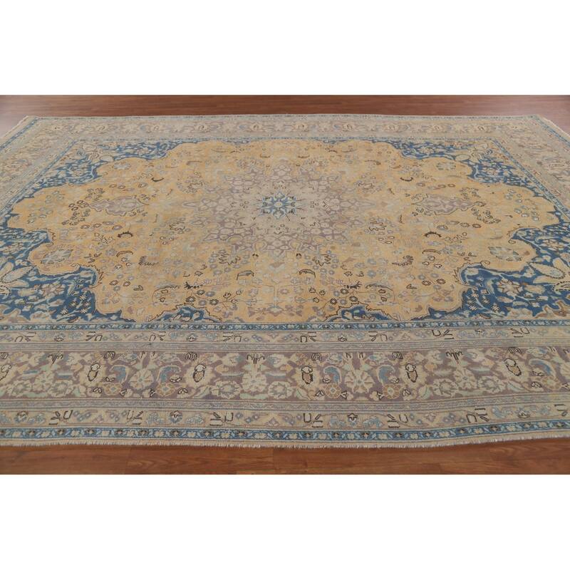Hand Knotted Oriental 100% Wool Carpet Traditional Floral Yellow & Gold Mashad Area Rug - 12' 8'' X 9' 7''